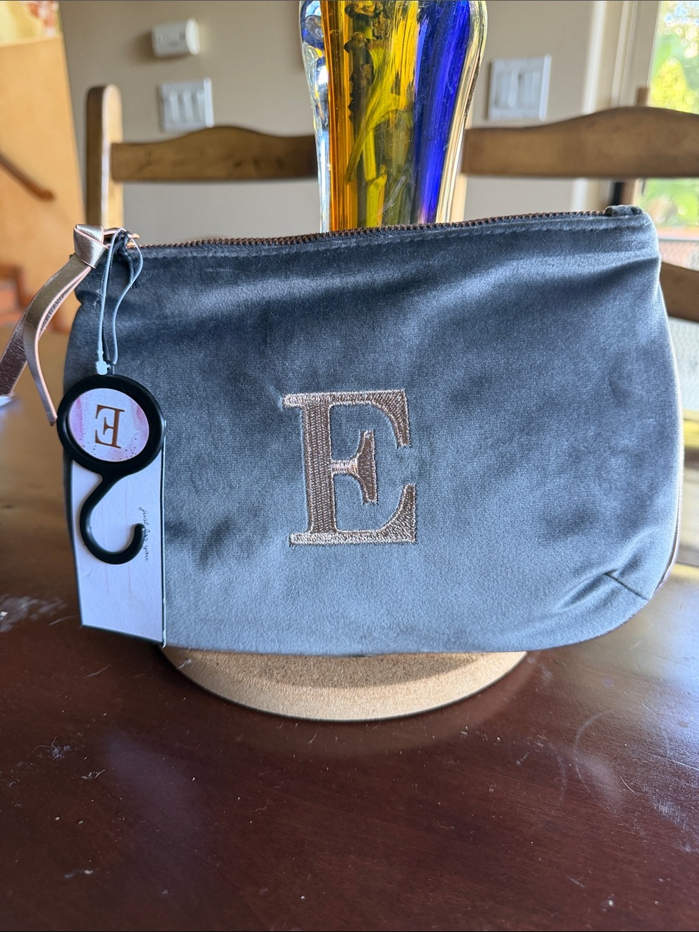 Embroidered E Monogram Gray velvet cosmetic Pouch